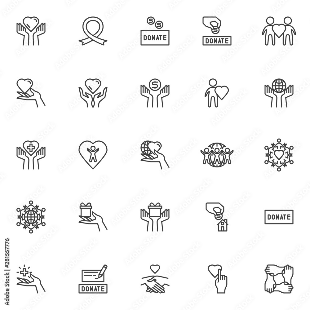Charity line icons set. linear style symbols collection, outline signs pack. vector graphics. Set includes icons as donate box, money donation hand, awareness ribbon, heart care, humanity, gift box
