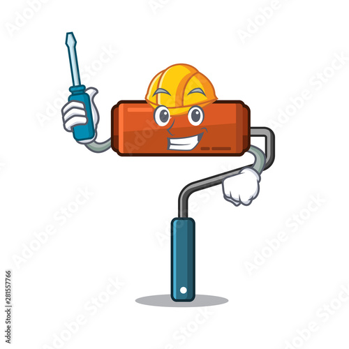 Automotive paint roller placed in cartoon toolbox