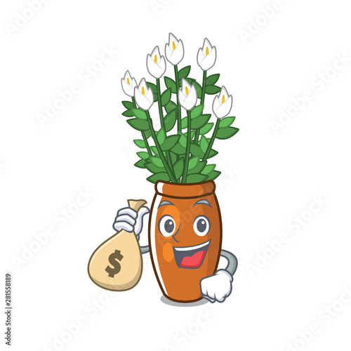 With money bag cartoon peace lily grows in backyard