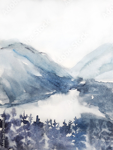 watercolor landscape, norway, nature of norway, coniferous forest watercolor illustration
