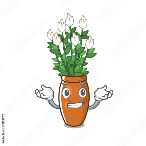 Grinning peace lily put into cartoon pot