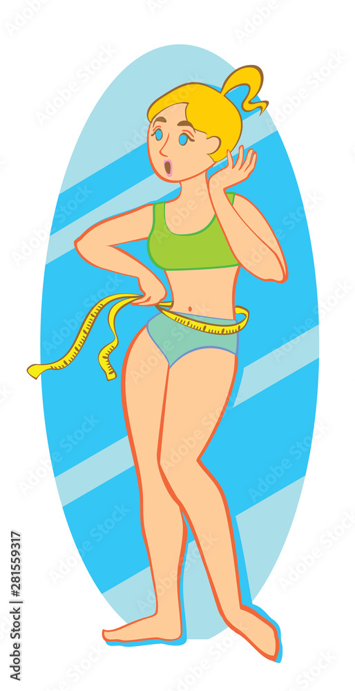 Surprised and healthy young woman measuring her waist with a tape measure.