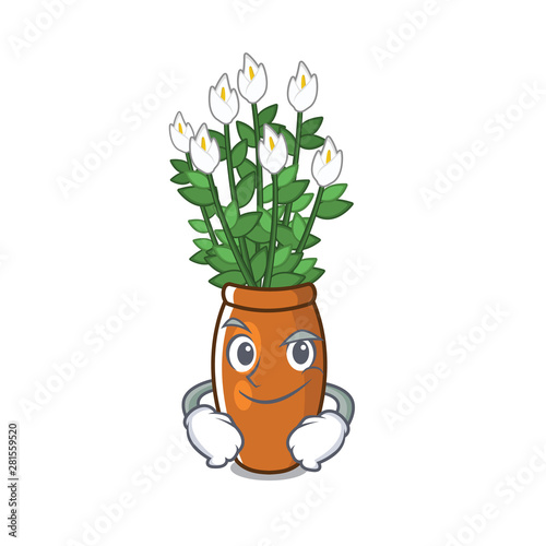 Smirking peace lily put into cartoon pot