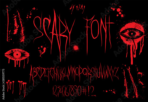 Horror Font vector Alphabet. Latin Alphabet, numbers and punctuation marks. Scary font for t-shirt and merch. English trendy alphabet. Silk screen printing for typography, clothing, fabric. Vector 