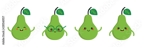 Set, collection of cute and happy cartoon style green pear characters for healthy food, vegan and cooking design.