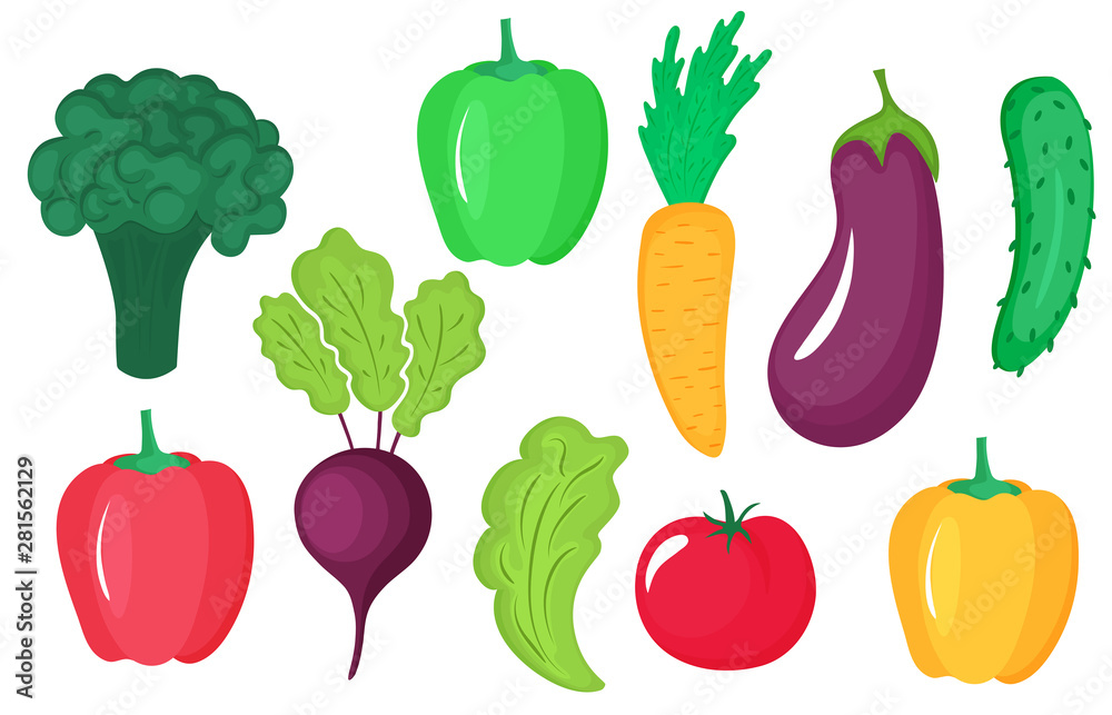 Vegetables set of beet, broccoli, lettuce, carrot, eggplant, cucumber, tomato, paprika isolated on white background. Vegetables set of beet, broccoli, lettuce, carrot, eggplant, cucumber, tomato, paprika isolated on white background.