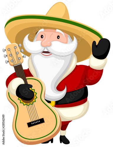Vector illustration of a happy cartoon Santa Claus wearing a sombrero and holding a guitar.
