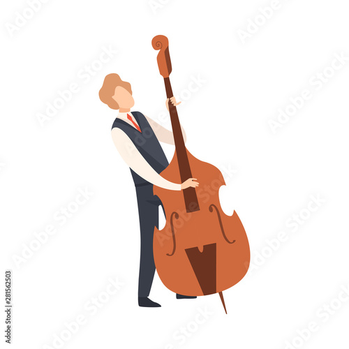 Man Playing Double Bass, Male Jazz Musician Character in Elegant Clothes with Musical Instrument Vector Illustration