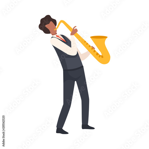 Man Playing Saxophone, Male Jazz Musician Character in Elegant Clothes with Musical Instrument Vector Illustration