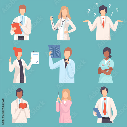 Doctor and Nurses Set, Medical Staff, Male and Female Professional Medical Workers Characters in Lab Coats Vector Illustration