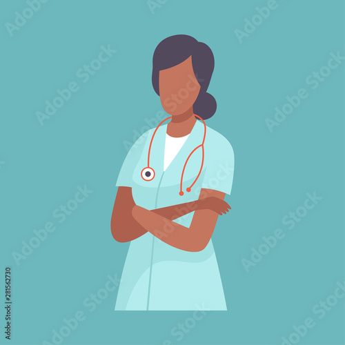 Female Therapist Doctor with Stethoscope, Professional Medical Worker Character in Lab Coat Vector Illustration