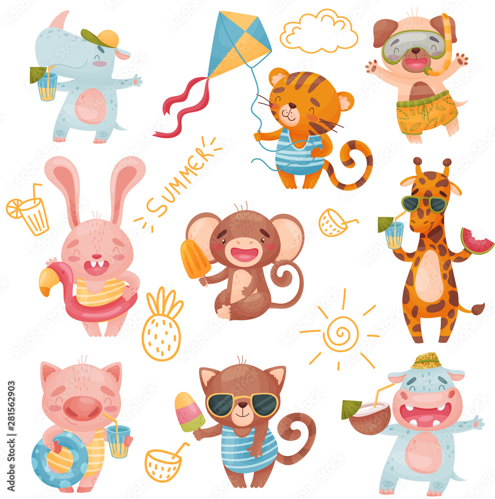 Different animals on summer holiday. Vector illustration on white background. Different animals on summer holiday. Vector illustration on white background.