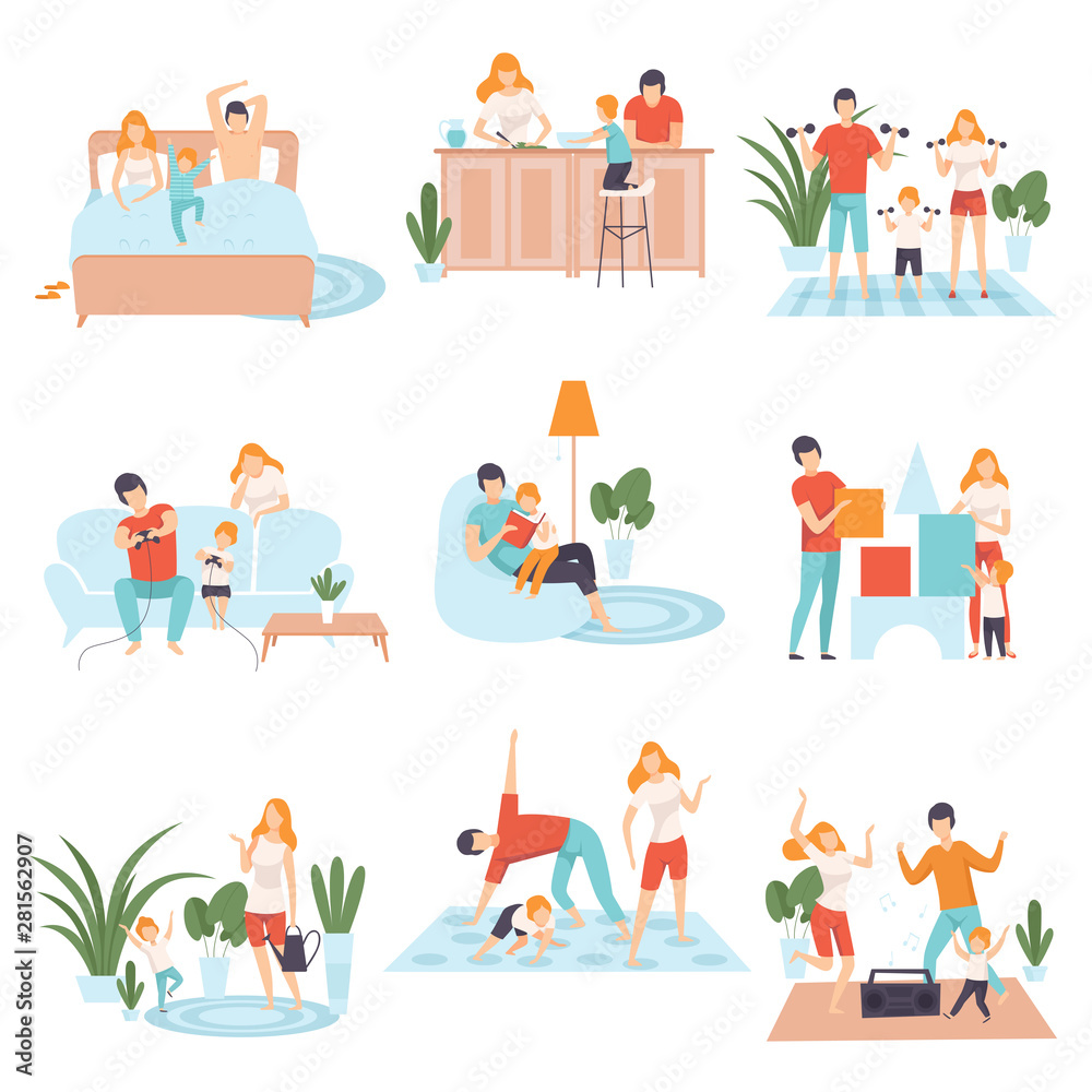 Obraz premium Parents and Their Kid in Everyday Life at Home Set, Family Cooking, Reading Books, Doing Sports, Playing Games, Dancing Together Vector Illustration
