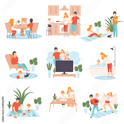 Parents and Their Kid in Everyday Life at Home Set, Family Cooking, Eating, Reading Books, Watching TV, Playing Games Together Vector Illustration