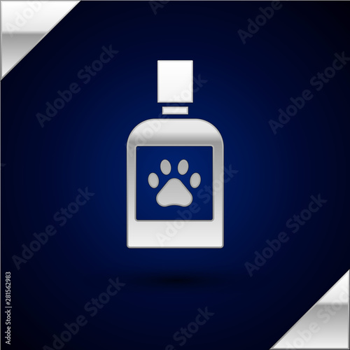 Silver Dog medicine bottle icon isolated on dark blue background. Container with pills. Prescription medicine for animal. Vector Illustration