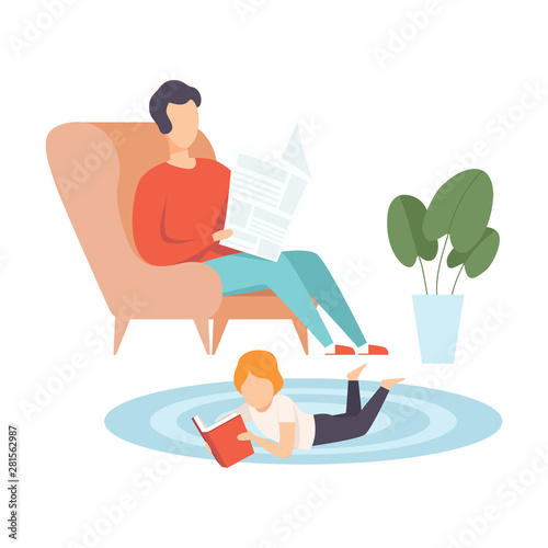 Father Sitting in Armchair and Reading Newspaper, His Little Son Lying on Floor on His Stomach and Reading Book, Family in Everyday Life at Home Vector Illustration