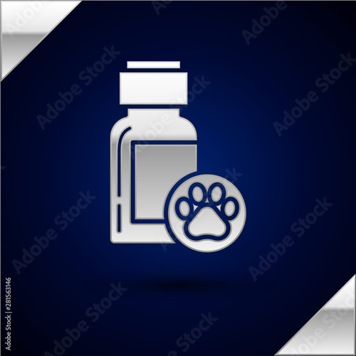 Silver Dog medicine bottle icon isolated on dark blue background. Container with pills. Prescription medicine for animal. Vector Illustration