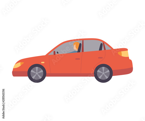 Red Car with Female Driver  Side View Vector Illustration