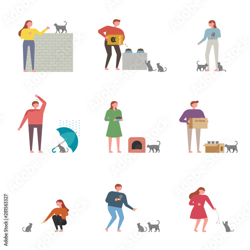 A good set of people to take care of Stray cat. flat design style minimal vector illustration.