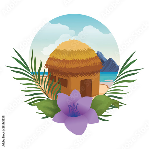 Beach kiosk with flower and leaves round icon
