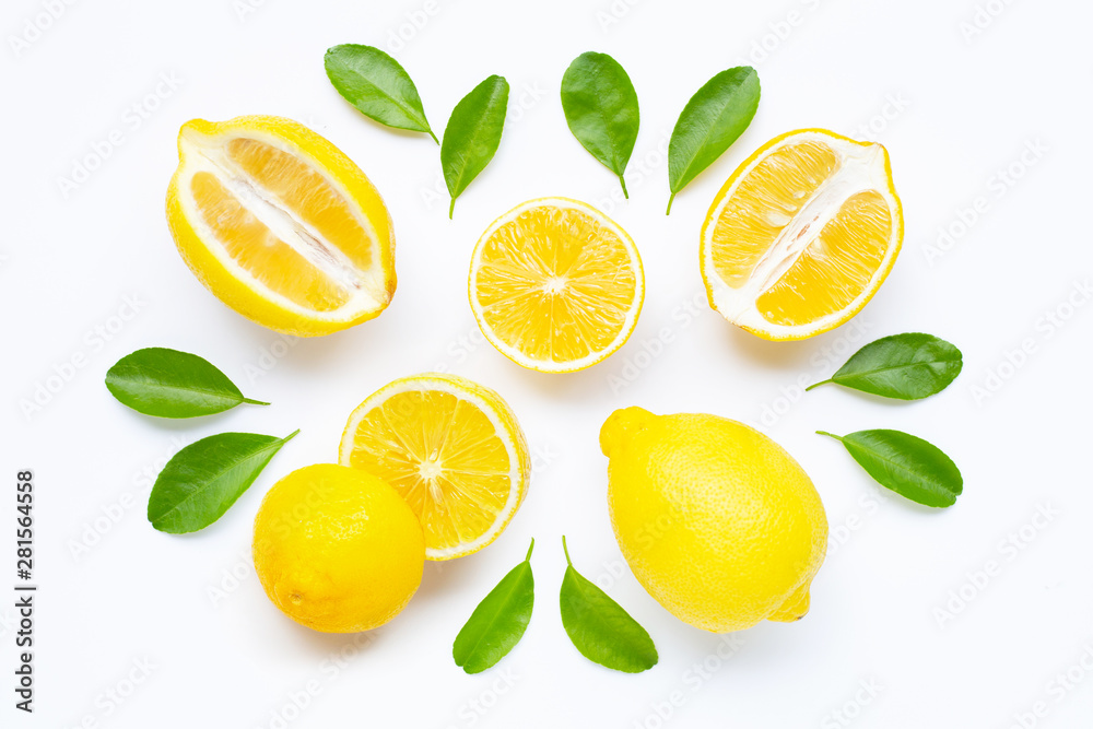 lemon and slices with leaves isolated on white.
