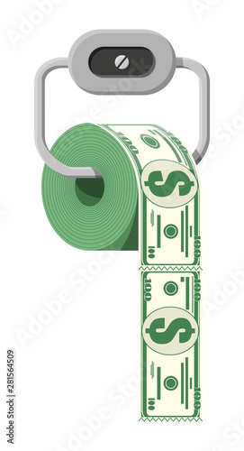 Hank of toilet paper dollar money. Garbage waste investment. Losing or wasting money, overspending, bankruptcy or crisis. Vector illustration in flat style