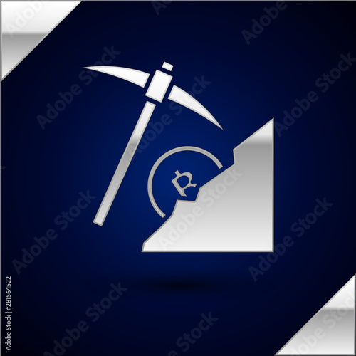 Silver Cryptocurrency cloud mining icon isolated on dark blue background. Cloud with pickaxe, bitcoin, digital money market, cryptocoin wallet. Vector Illustration