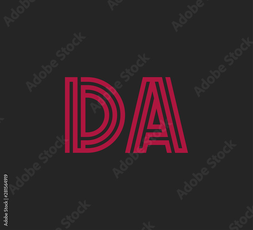 Initial two letter red line shape logo on black vector DA