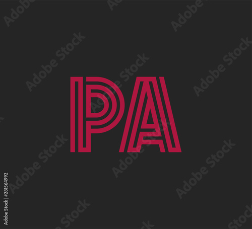 Initial two letter red line shape logo on black vector PA