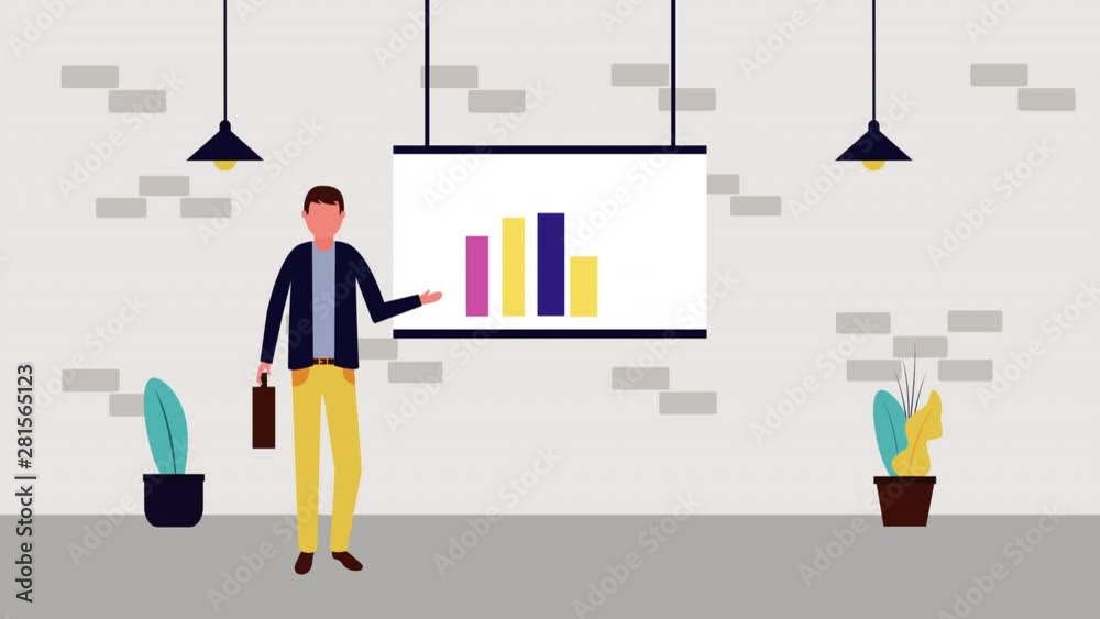 businessman with paperboard and statistics avatar character
