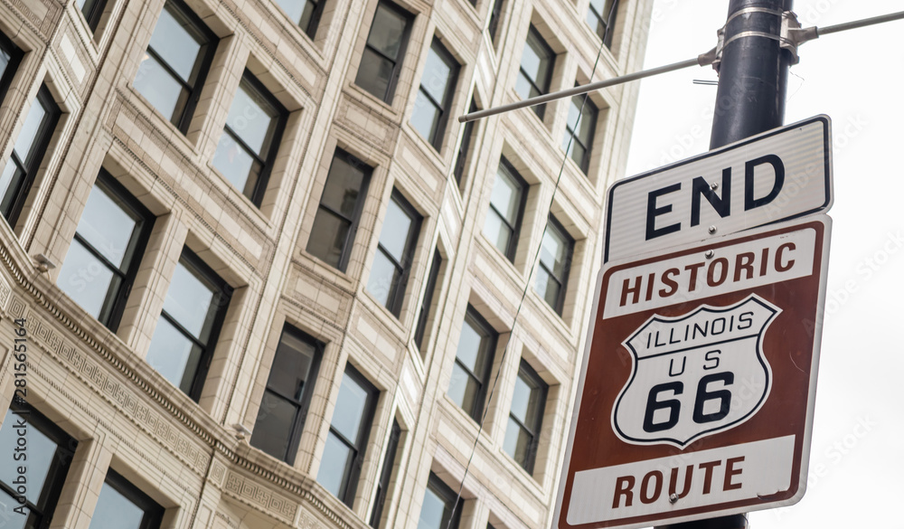 Route 66 Illinois Begin road sign, the historic roadtrip in USA