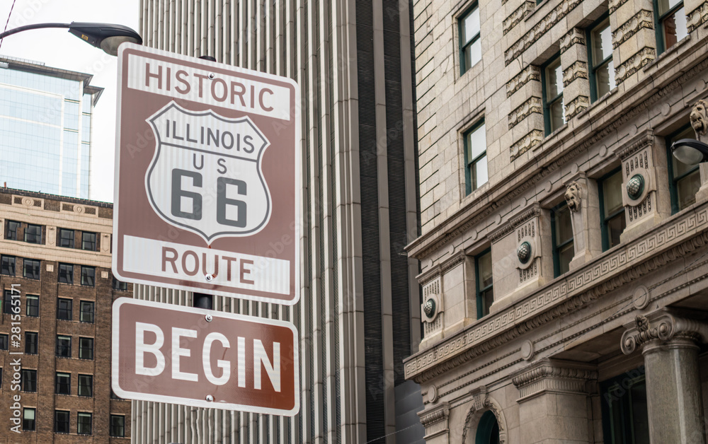 Route 66 Illinois Begin road sign, the historic roadtrip in USA Route 66 Illinois Begin road sign, the historic roadtrip in USA