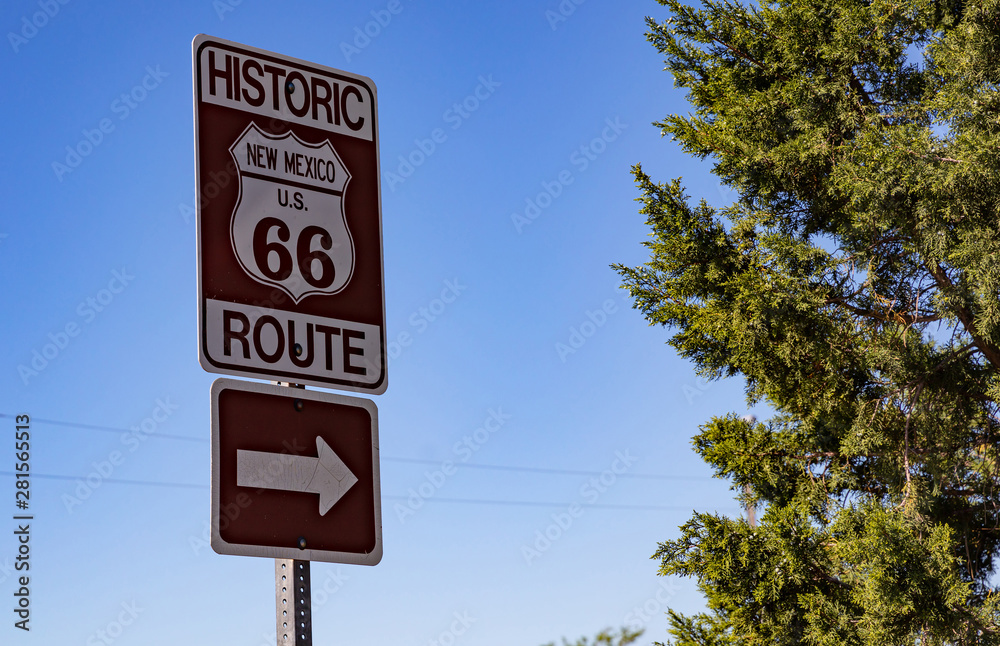 Route 66 sign in New Mexico, USA. Sunny spring day