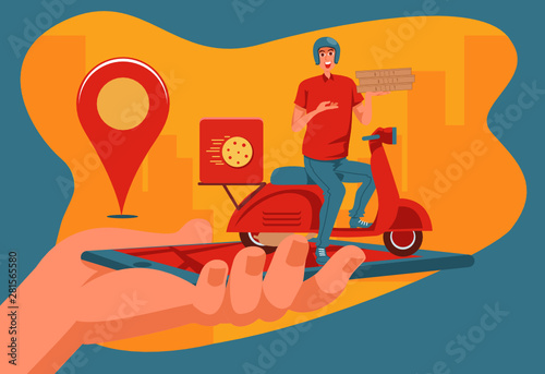 Fast delivery by scooter. Vector cartoon illustration. Food service. Location on phone online. Technology For easy life in your hand.