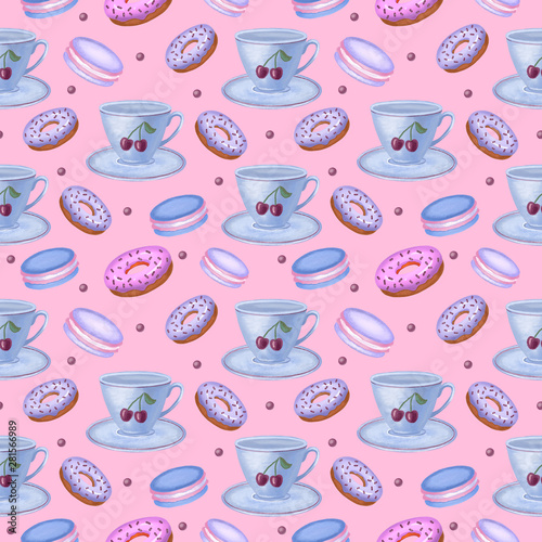 Watercolor tea time seamless pattern. Hand painted repeat background with cup  macaroon  donut.