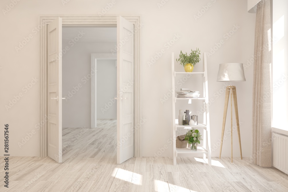 Fototapeta premium Empty room in white color. Scandinavian interior design. 3D illustration