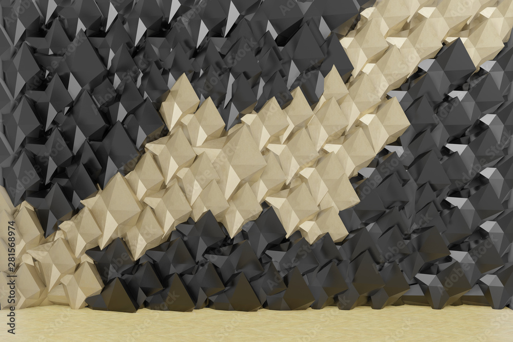 Fototapeta premium black and gold polygonal wall, empty room, 3d rendering, background