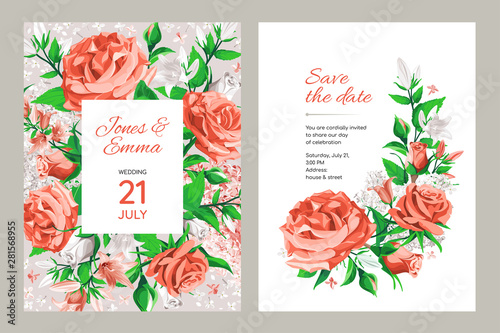 Wedding invitation card. Frame with text and flowers - coral and white Roses, Campanula and Lilac isolated on white Background.