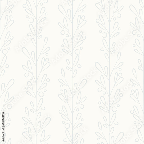 Floral seamless pattern with vertical branches and leaves. Vector abstract grey design for fabric, wallpaper, web design.