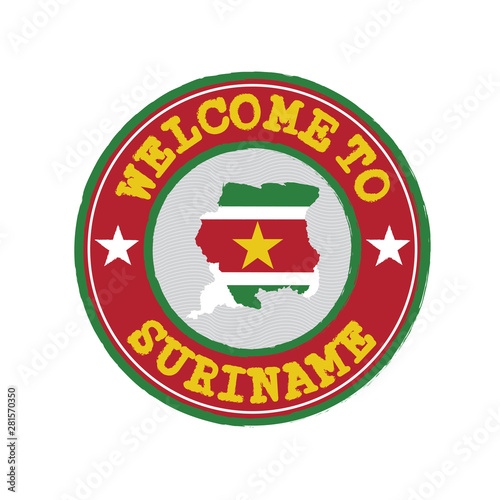 Vector stamp of welcome to Suriname with map outline of the nation in center.