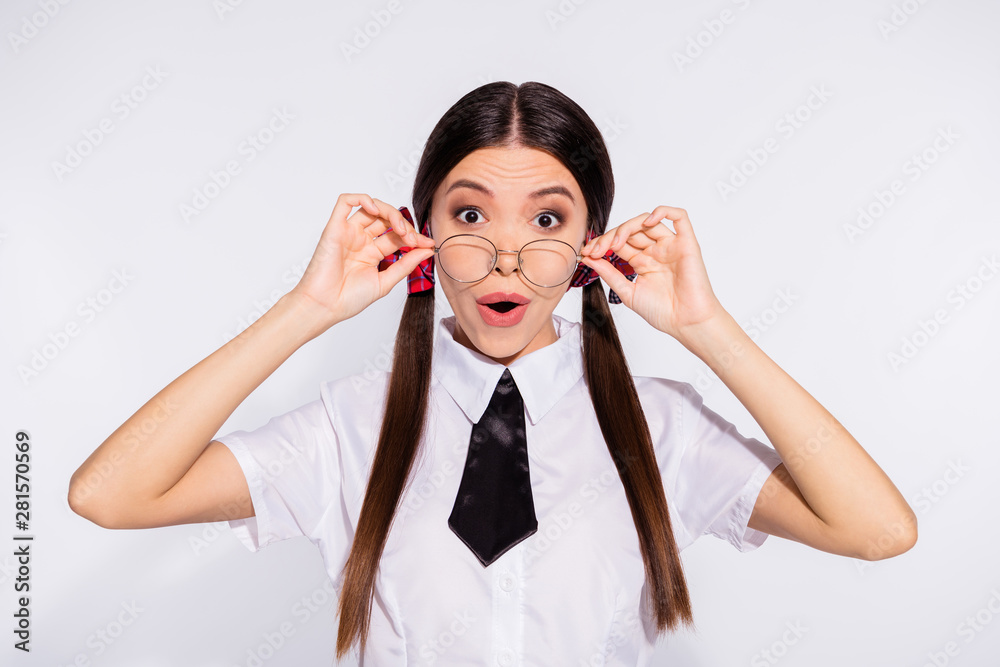 Close up photo of charming lovely lady youth astonished impressed people reaction touch specs dressed white blouse black tie isolated grey silver background Close up photo of charming lovely lady youth astonished impressed people reaction touch specs dressed white blouse black tie isolated grey silver background