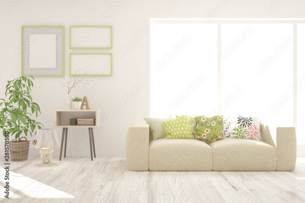 Fototapeta premium Stylish room in white color with sofa. Scandinavian interior design. 3D illustration