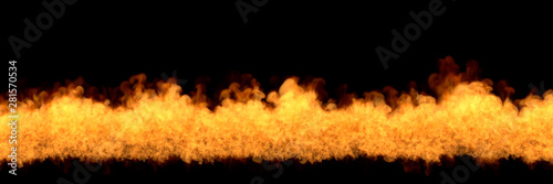 Line of fire at bottom - fire 3D illustration of mystery fiery wild fire, sylized frame isolated on black background