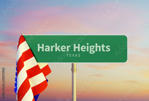 Harker Heights – Texas. Road or Town Sign. Flag of the united states. Sunset oder Sunrise Sky. 3d rendering photo