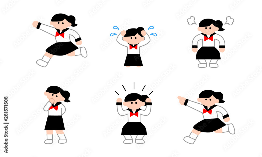 色々なポーズのセーラー服女子（デフォルメカラー）