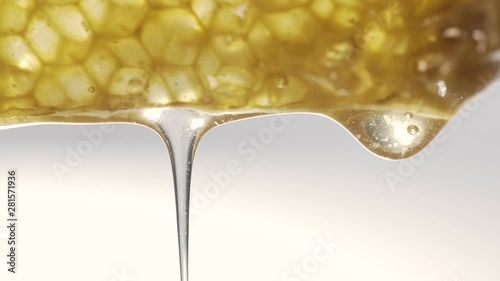 close-up on top of the image of a piece of honeycomb that is dropping drops of honey photo