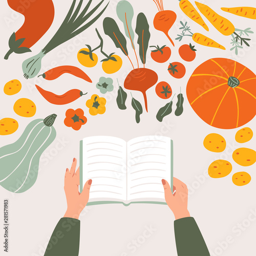 Top view of cartoon cookbook in hands on the table surrounded by various vegetables. Vegan food Recipe vector concept isolated from light background
