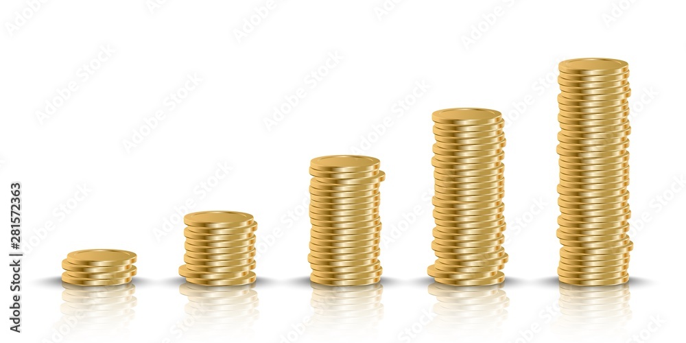 Income graph golden realistic coin. 3D gold money stack. Cash tower. Concept of monetary collection or strategy of profit. Benefit making in business. Income graph golden realistic coin. 3D gold money stack. Cash tower. Concept of monetary collection or strategy of profit. Benefit making in business.
