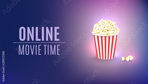 Online movie time background. Popcorn cinema concept. Theater cinematography poster. Online cinema art movie watching.