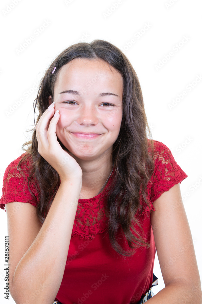 student girl in red shirt hand on chin on white background student girl in red shirt hand on chin on white background
